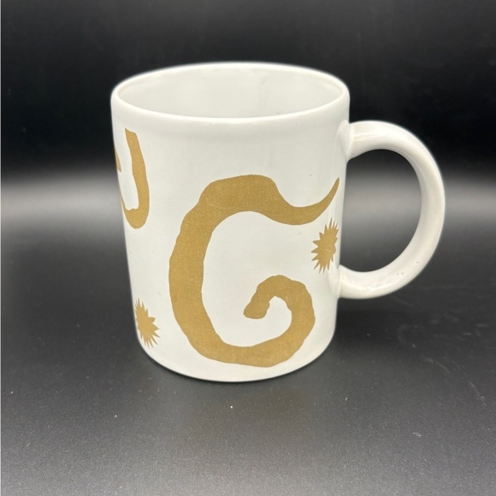 Vintage Oscar de la Renta Ceramic Mug Gold Swirl Sunburst Coffee Cup 12oz EUC